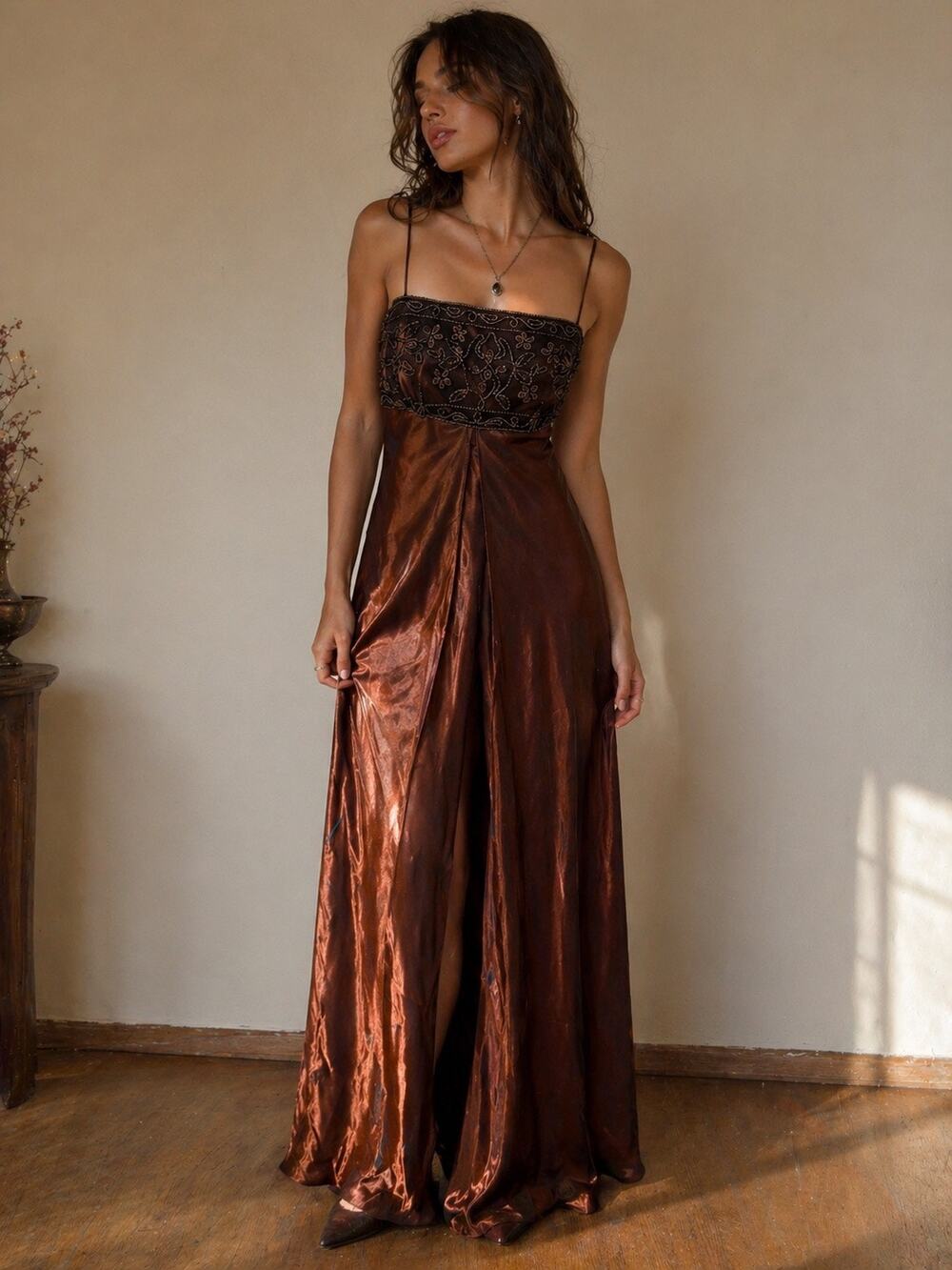 Vintage Morgan & Co Copper Satin Embroidered Maxi Dress 7/8 Y2K